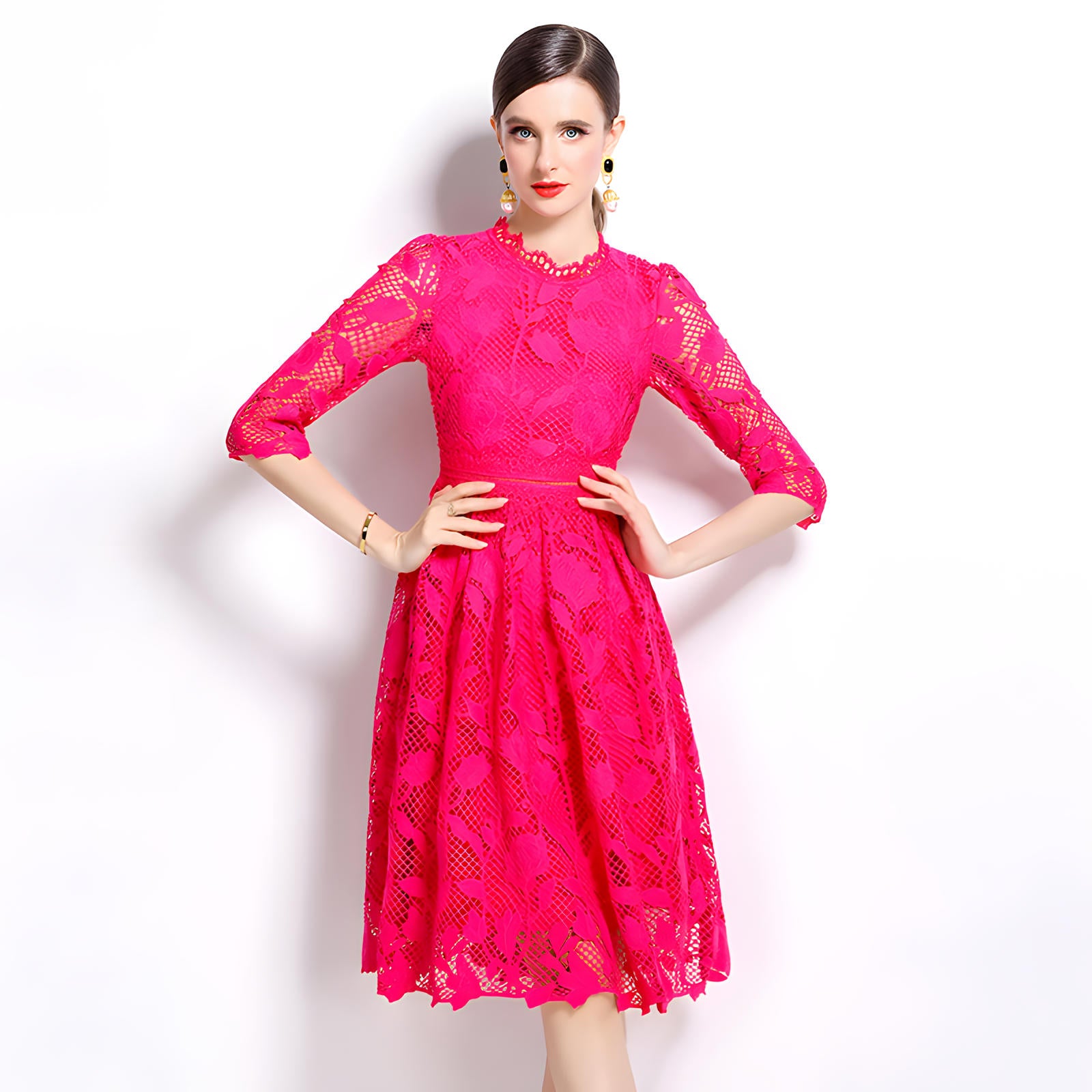 French Floral Rose Red Lace Short Dress With Jewel Neckline - 837229480723_ROS