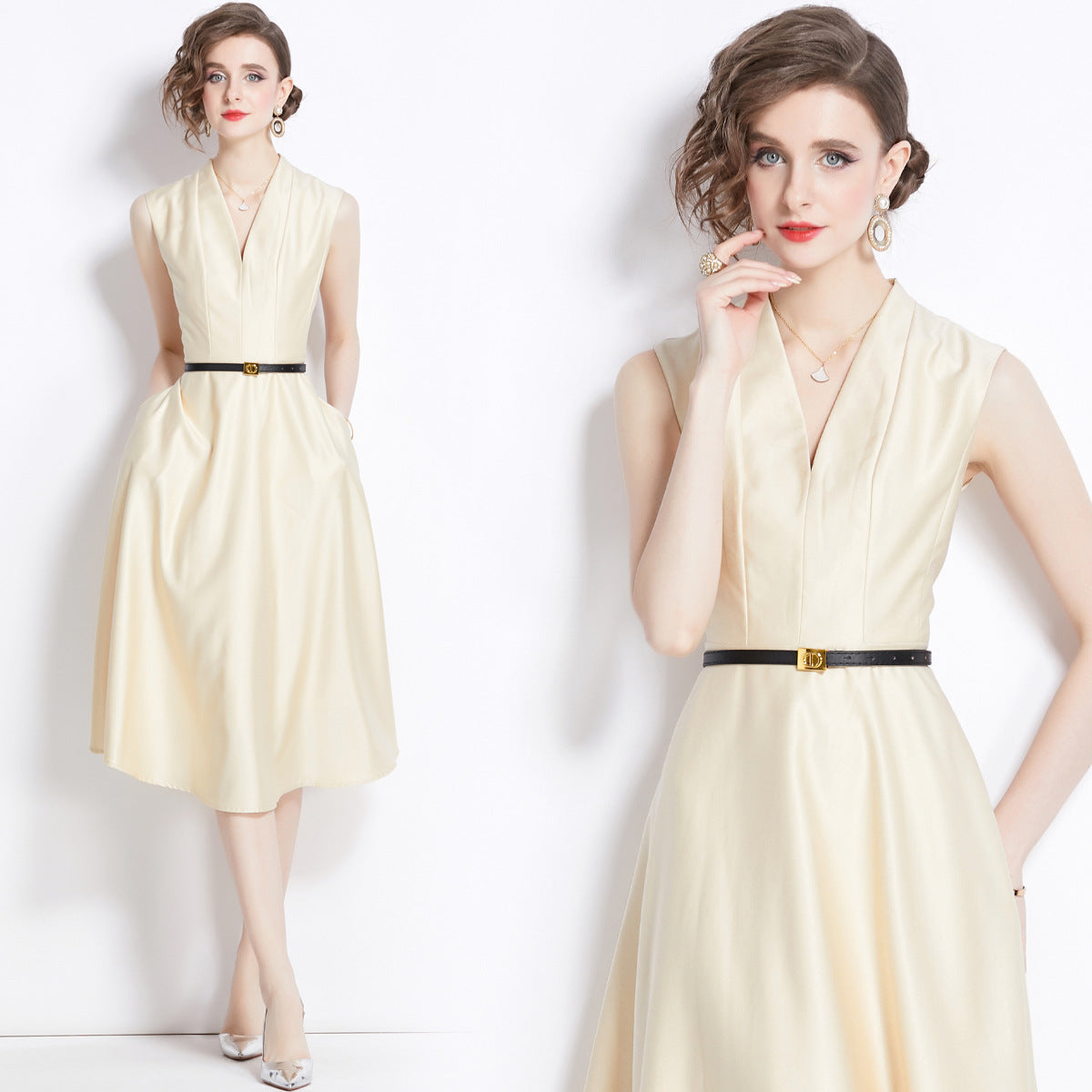 Sleeveless Halter Neck Fitted Vest Satin Solid Apricot Dress With Belt - 5801#701_APR