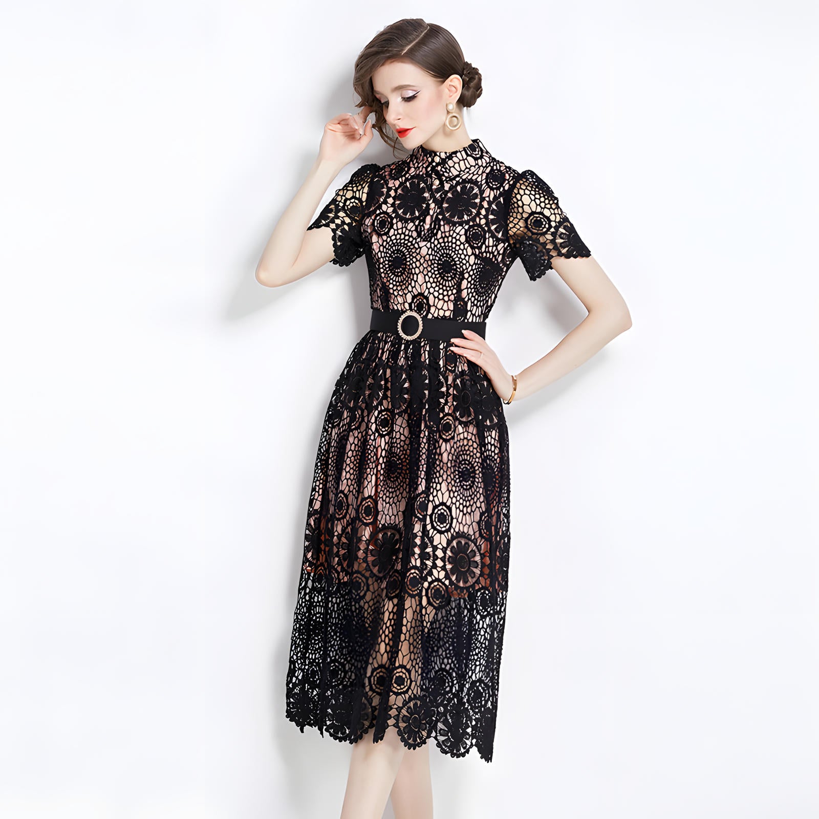 Luxury French Lace High Neck Front Button Black Dress With Belt - 500#609_BLA