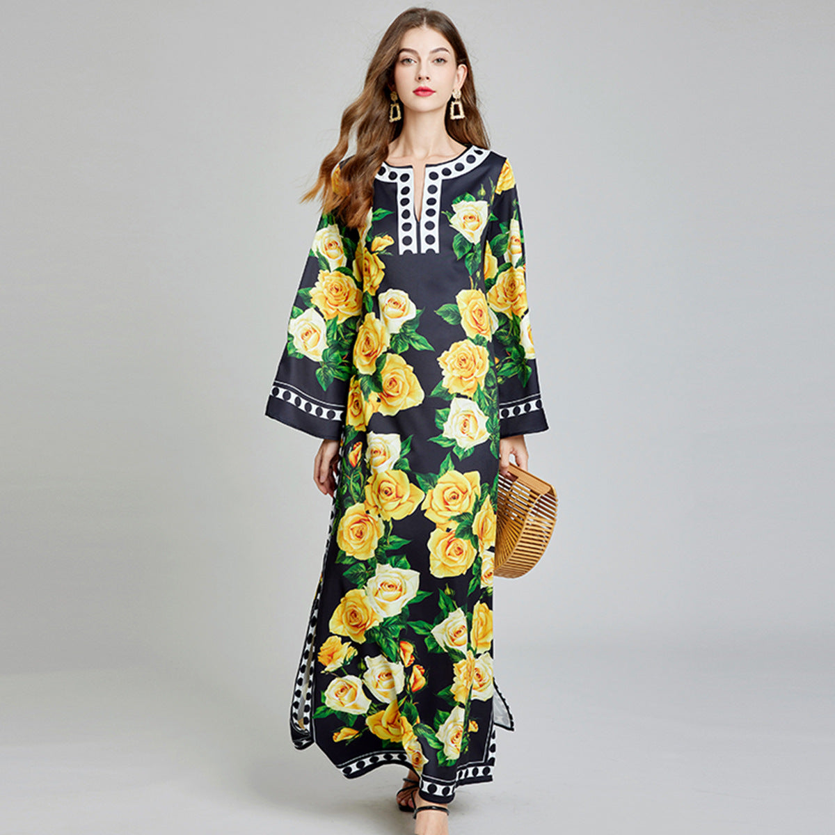 Golden Bloom Kaftan Yellow Dress with Vibrant Yellow Rose Floral Pattern - 818939592219_YEL