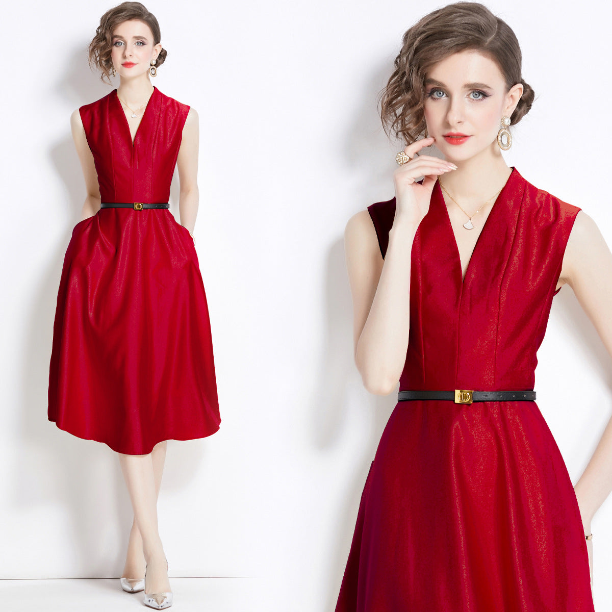 Sleeveless Halter Neck Fitted Vest Satin Solid Scarlet Dress With Belt - 5801#701_RED