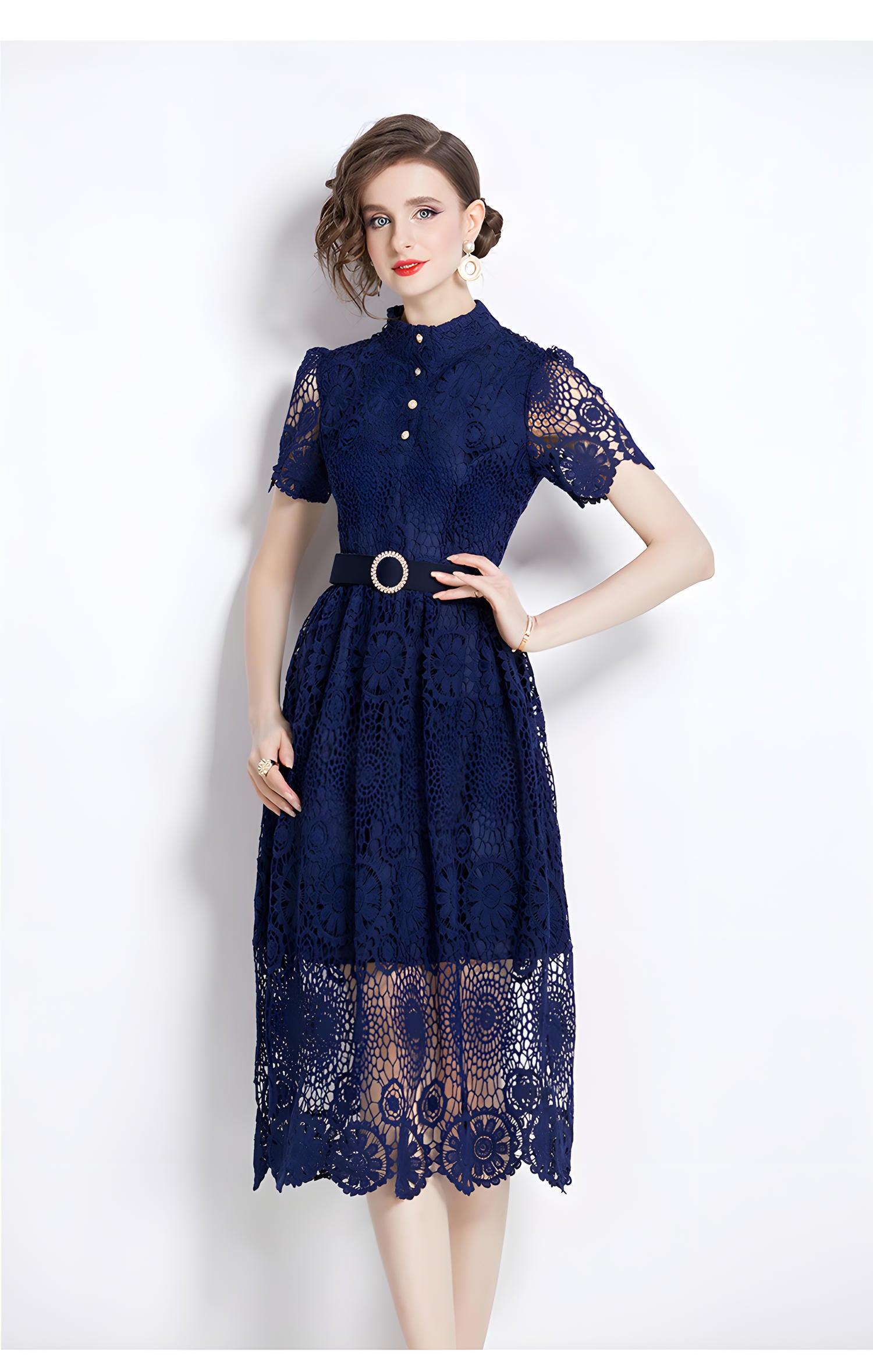 Luxury French Lace High Neck Front Button Navy Dress With Belt - 500#609_NAV