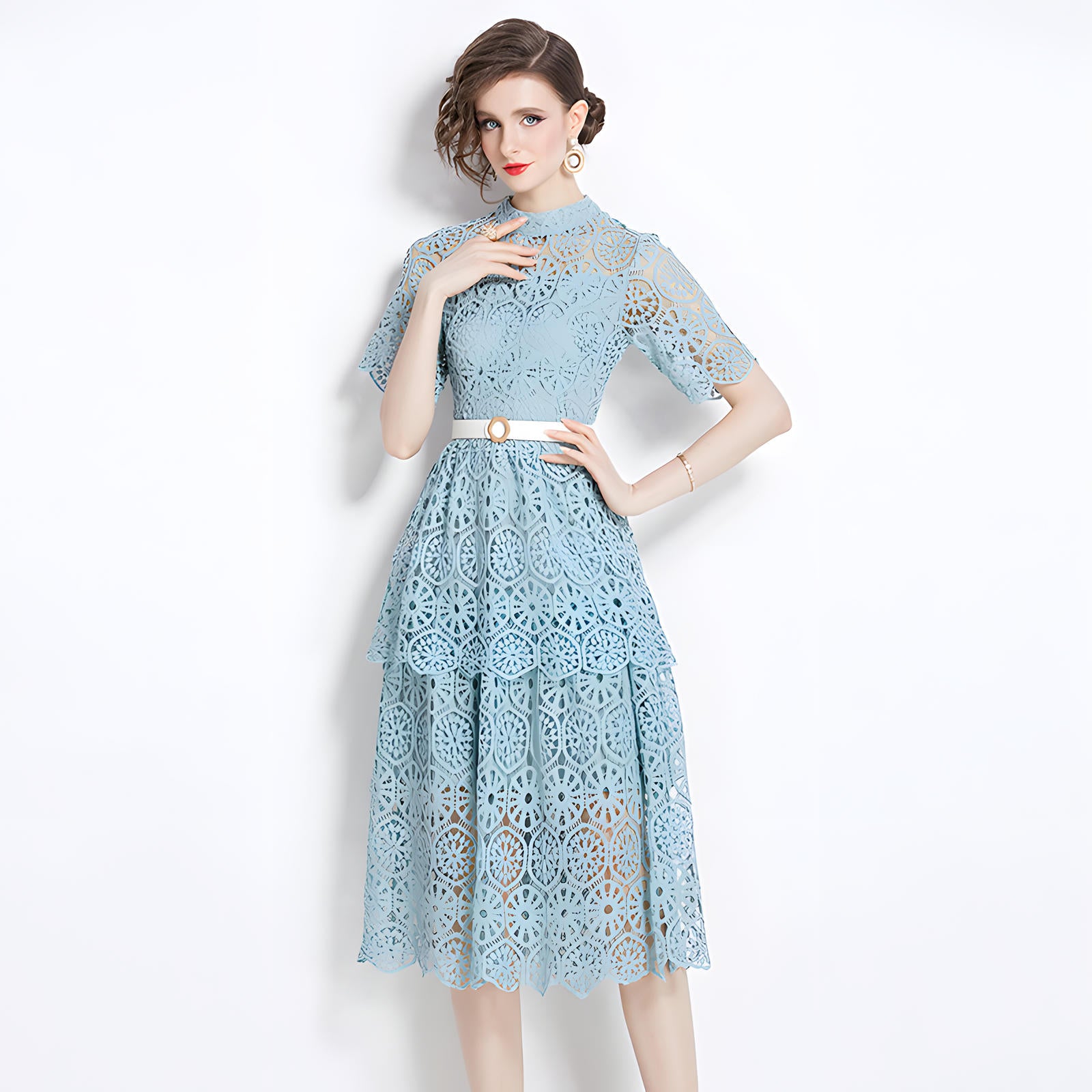Luxury Multilayer French Lace High Neck Sage Green Dress With Belt - 510#609_GRE