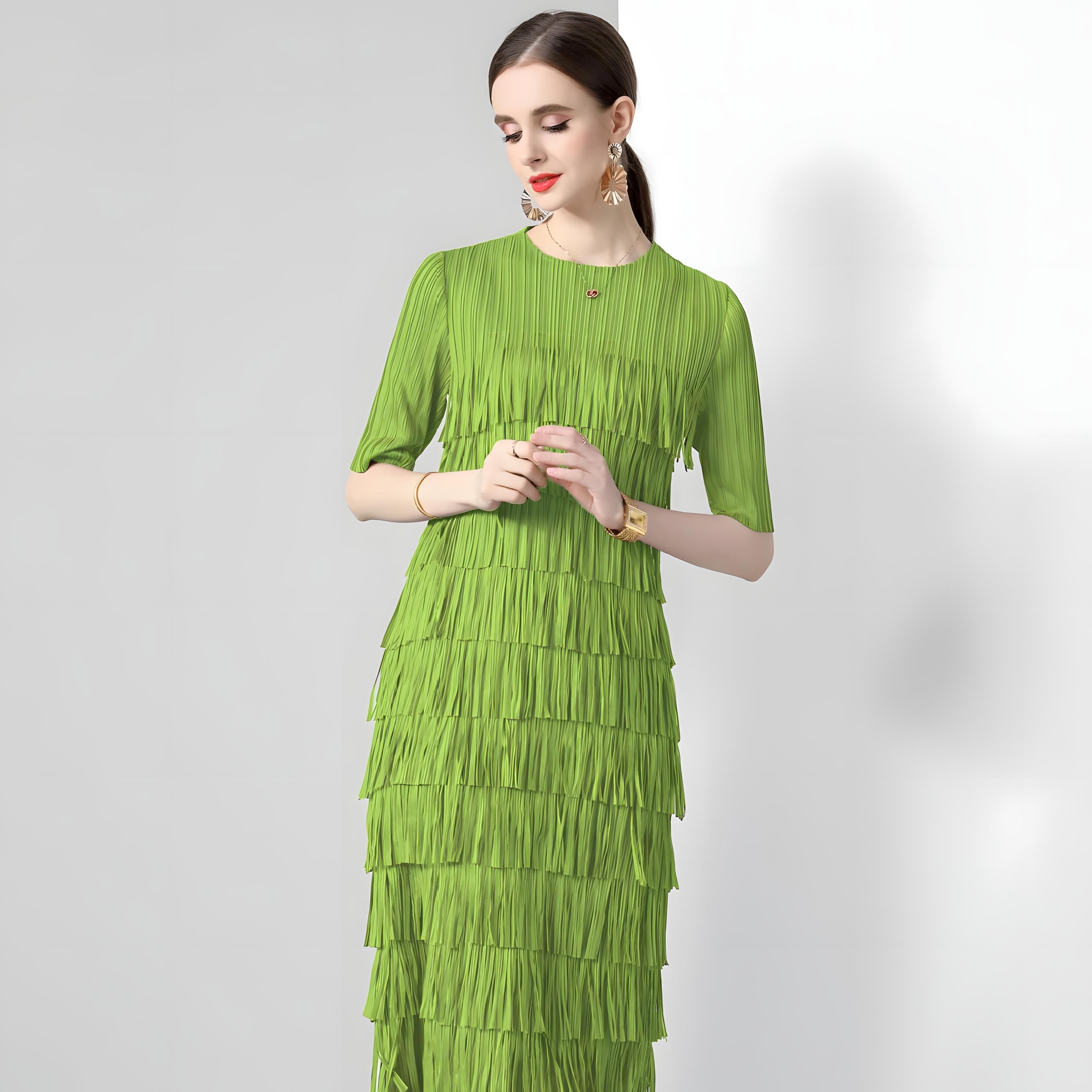 Multitier Fringe Stretchable Free Size Party Fluorescent Green Dress - 764154489541_ZY_FLO