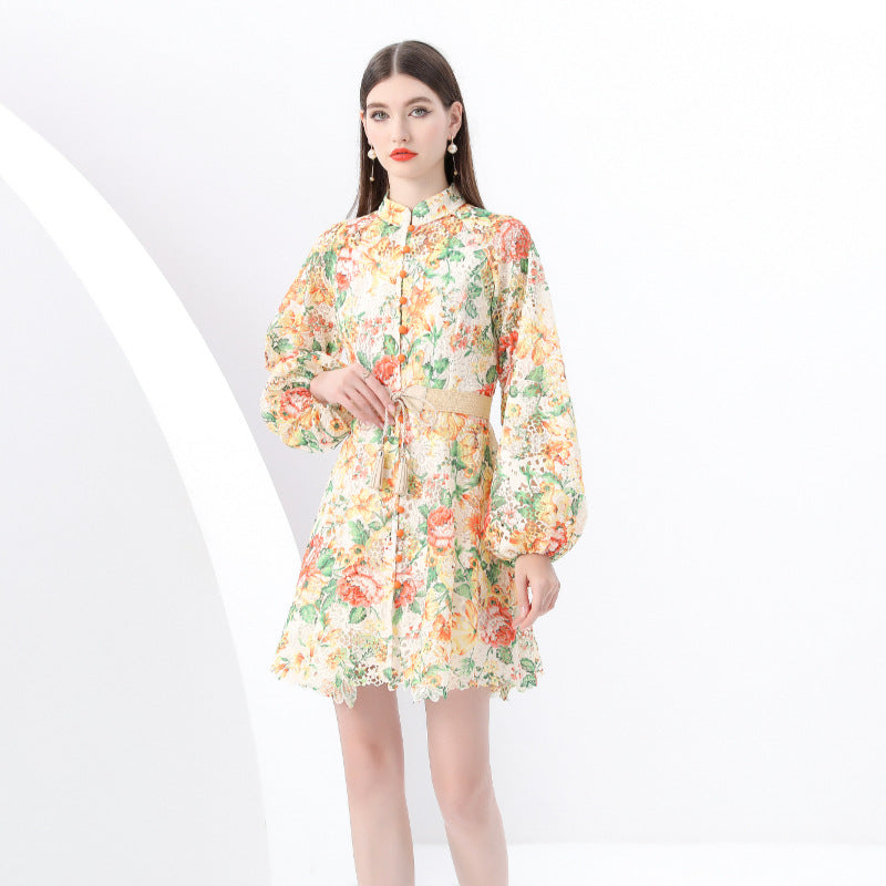Floral Lace Belted Shirt Dress