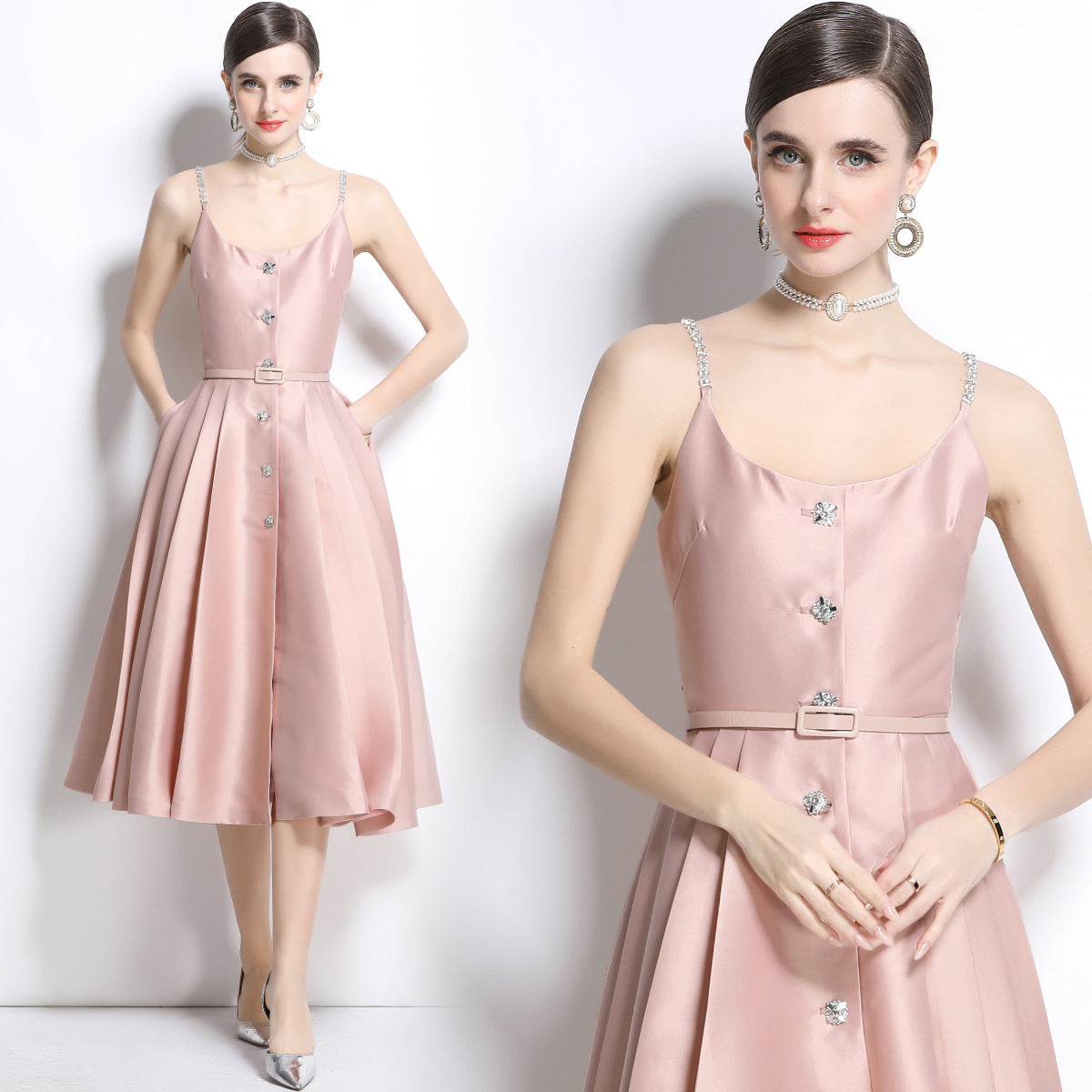 Blush Satin Crystal-Button Midi Dress