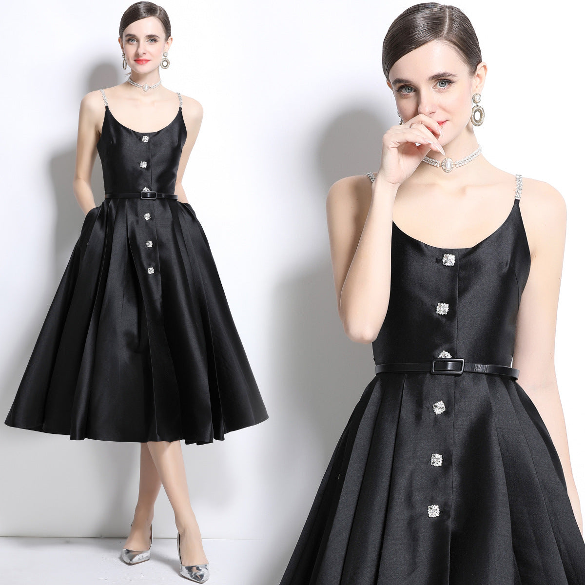 Black Satin Crystal-Button Midi Dress