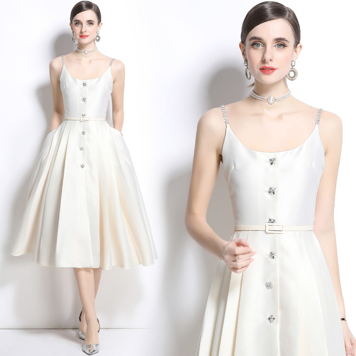 Ivory Satin Crystal-Button Midi Dress
