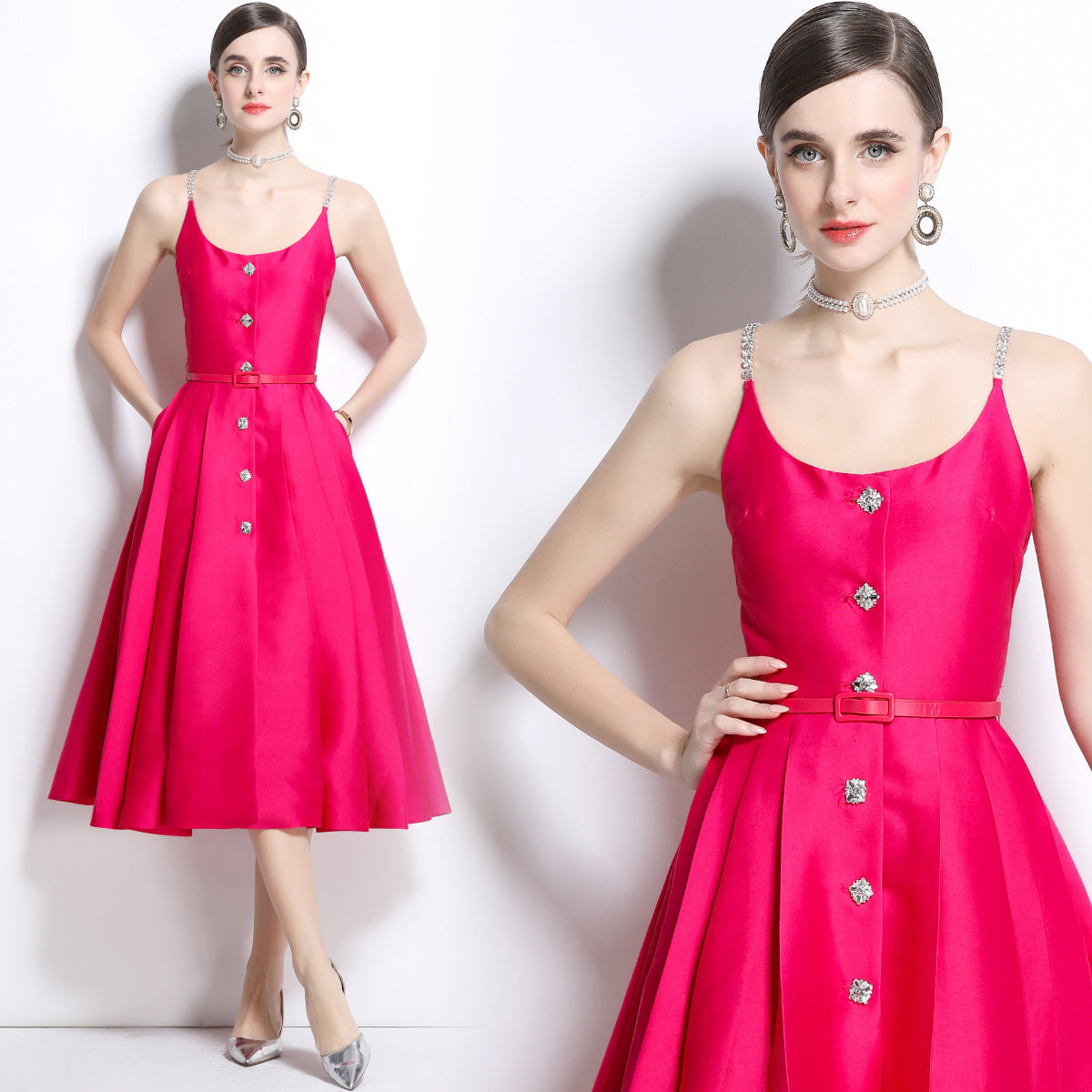 Fuchsia Satin Crystal-Button Midi Dress