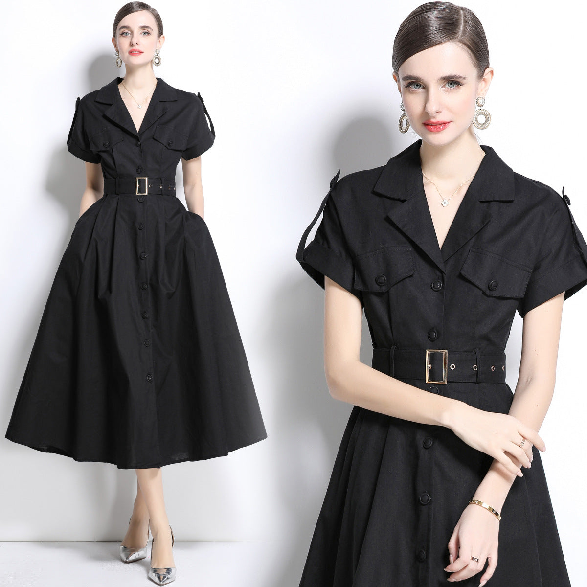 Black Belted Military-Inspired Midi Dress
