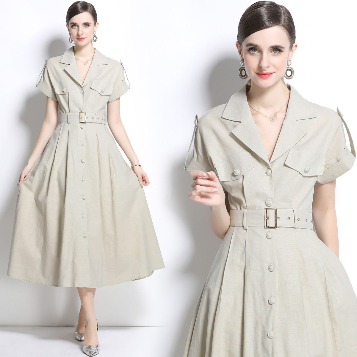 Beige Belted Military Midi Dress