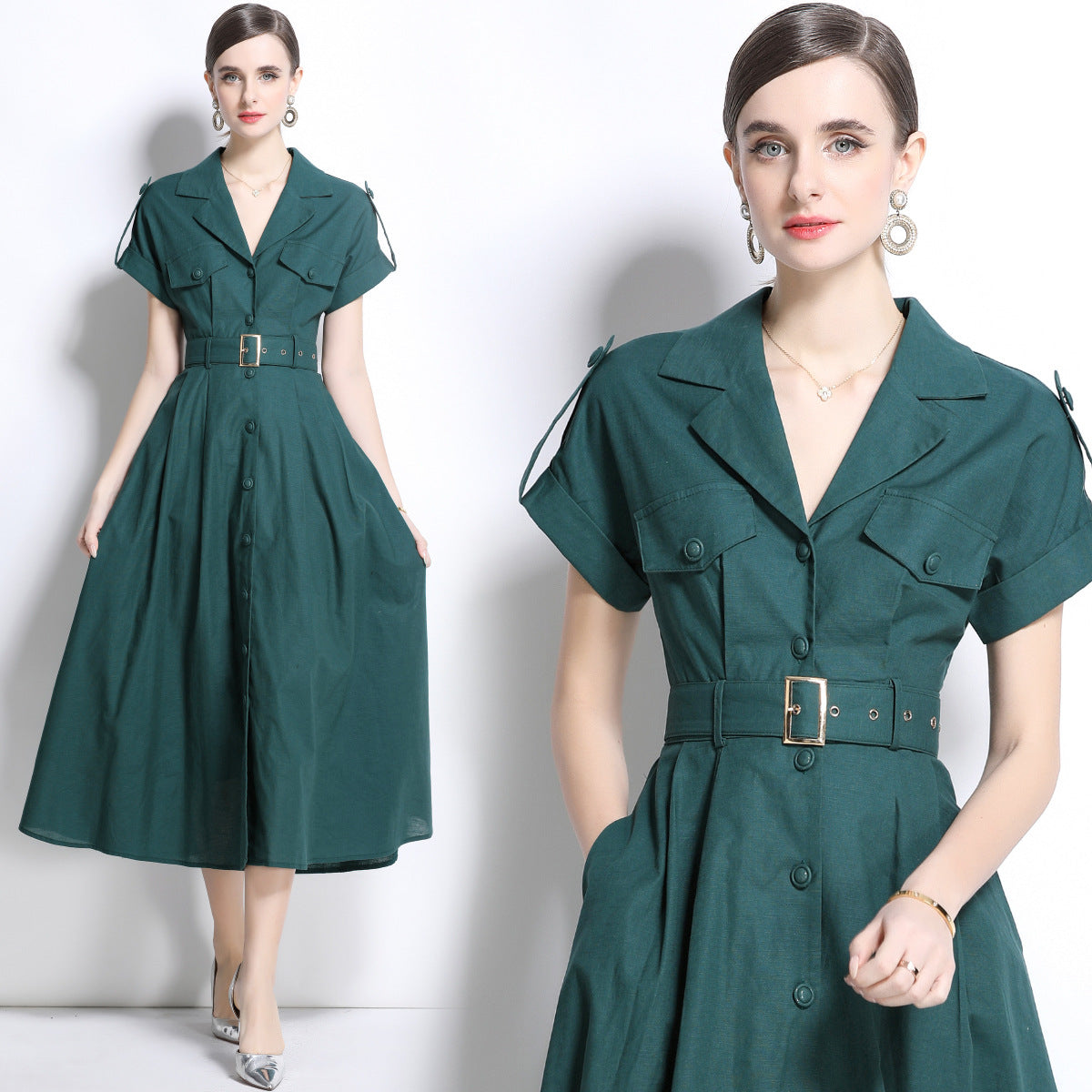 Emerald Green Military Midi Dress With Belt