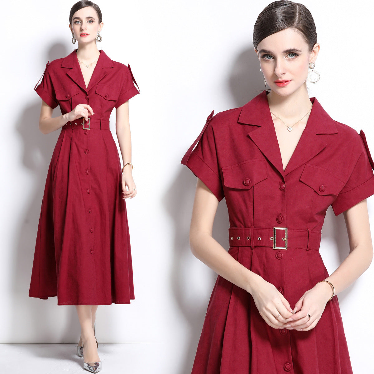 Burgundy Military Midi Dress with Belt