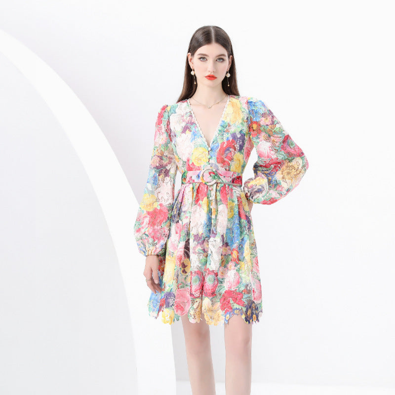 Floral V-Neck Belted Dress