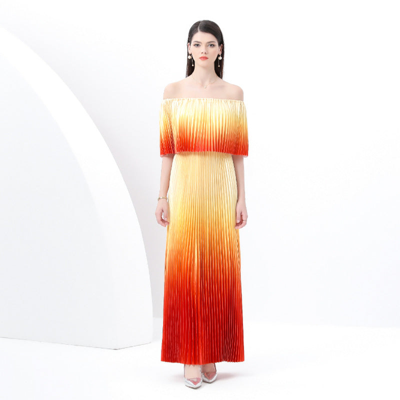 Off-Shoulder Ombre Pleated Maxi Dress