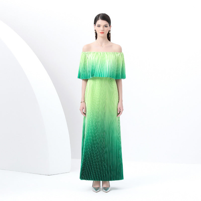 Off-Shoulder Green Ombre Pleated Maxi Dress