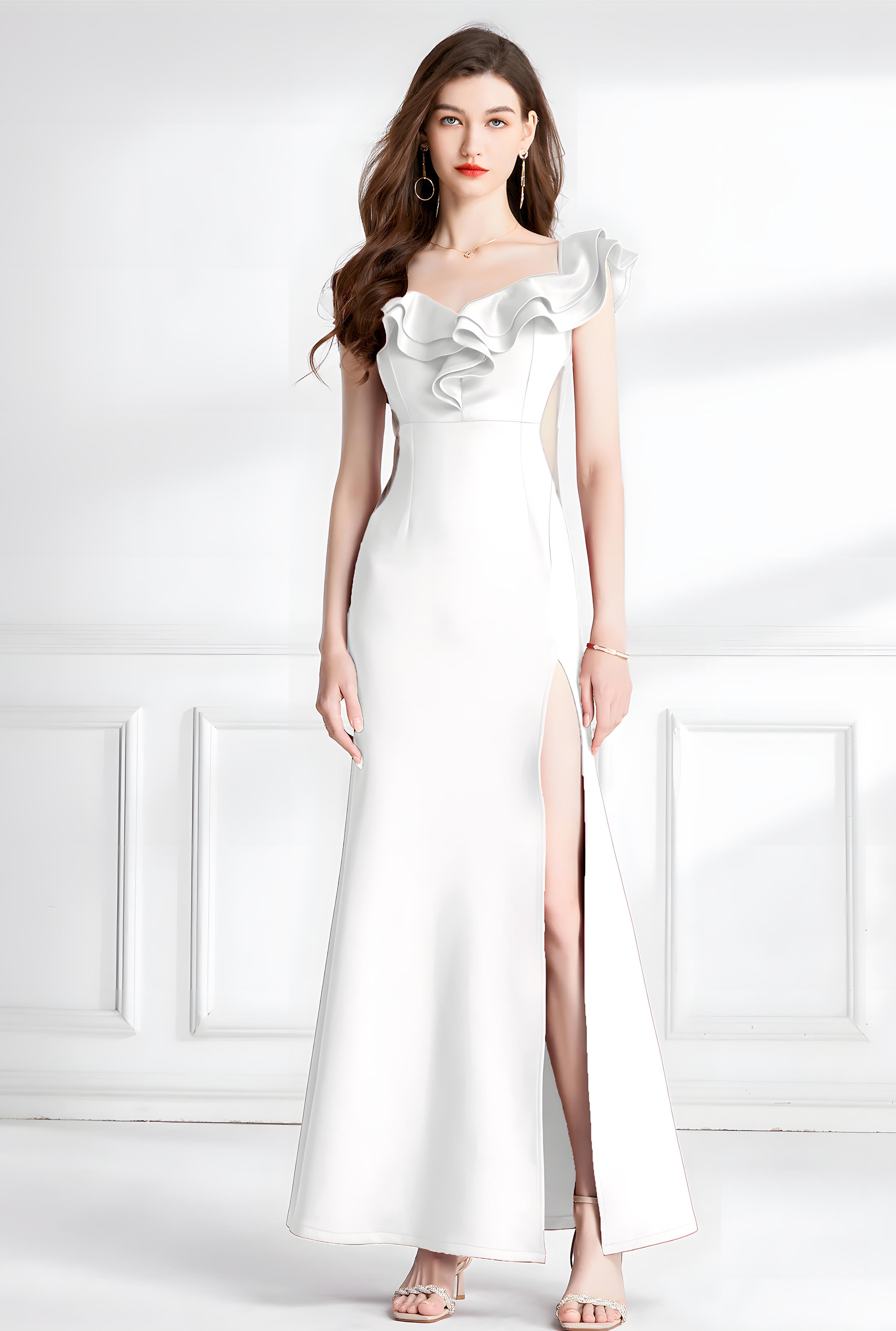 Fishtail Off-Shoulder White Party Gown with Sheer Tulle Waist and Thigh-High Slit - 745923202127_WHI