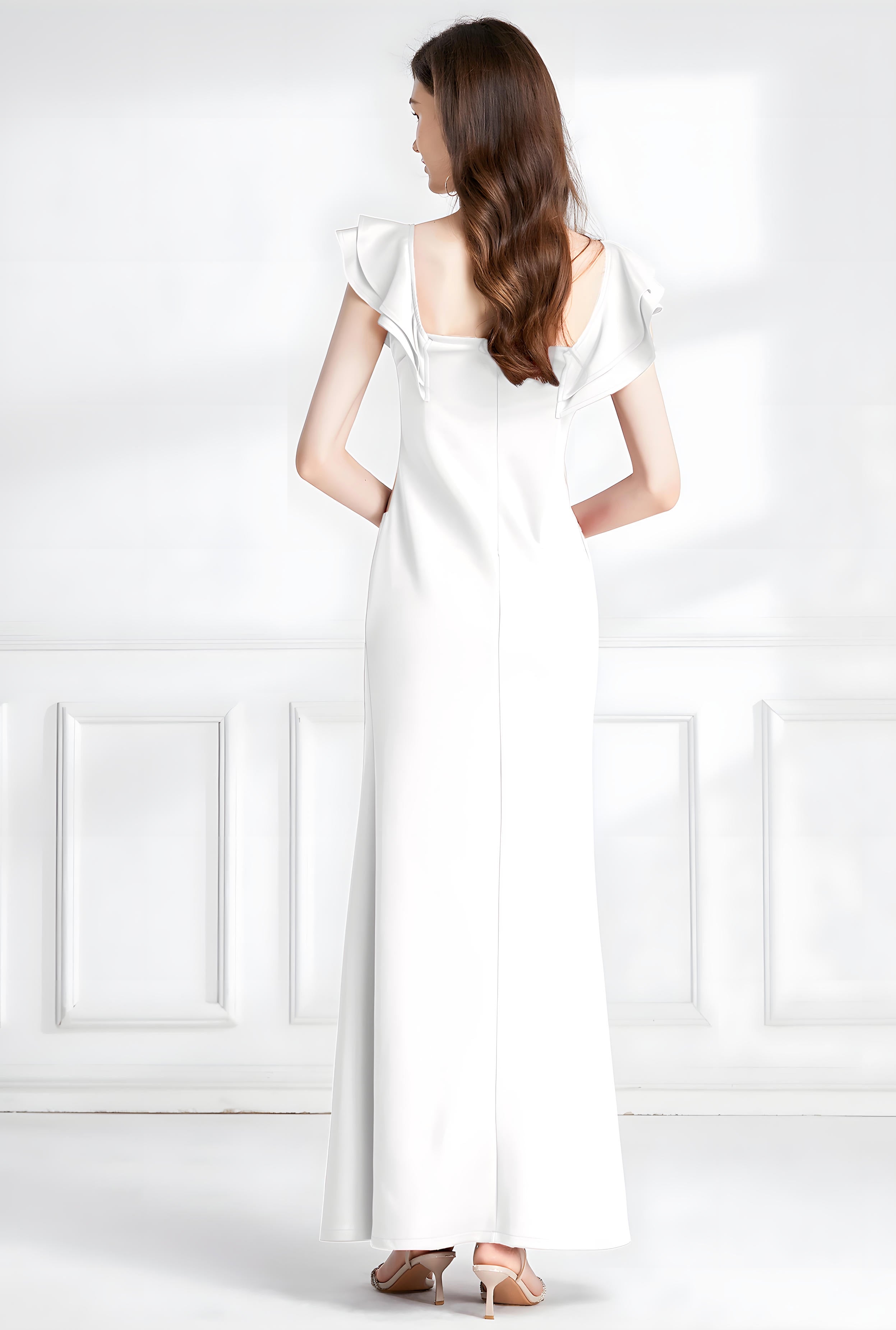 Fishtail Off-Shoulder White Party Gown with Sheer Tulle Waist and Thigh-High Slit - 745923202127_WHI