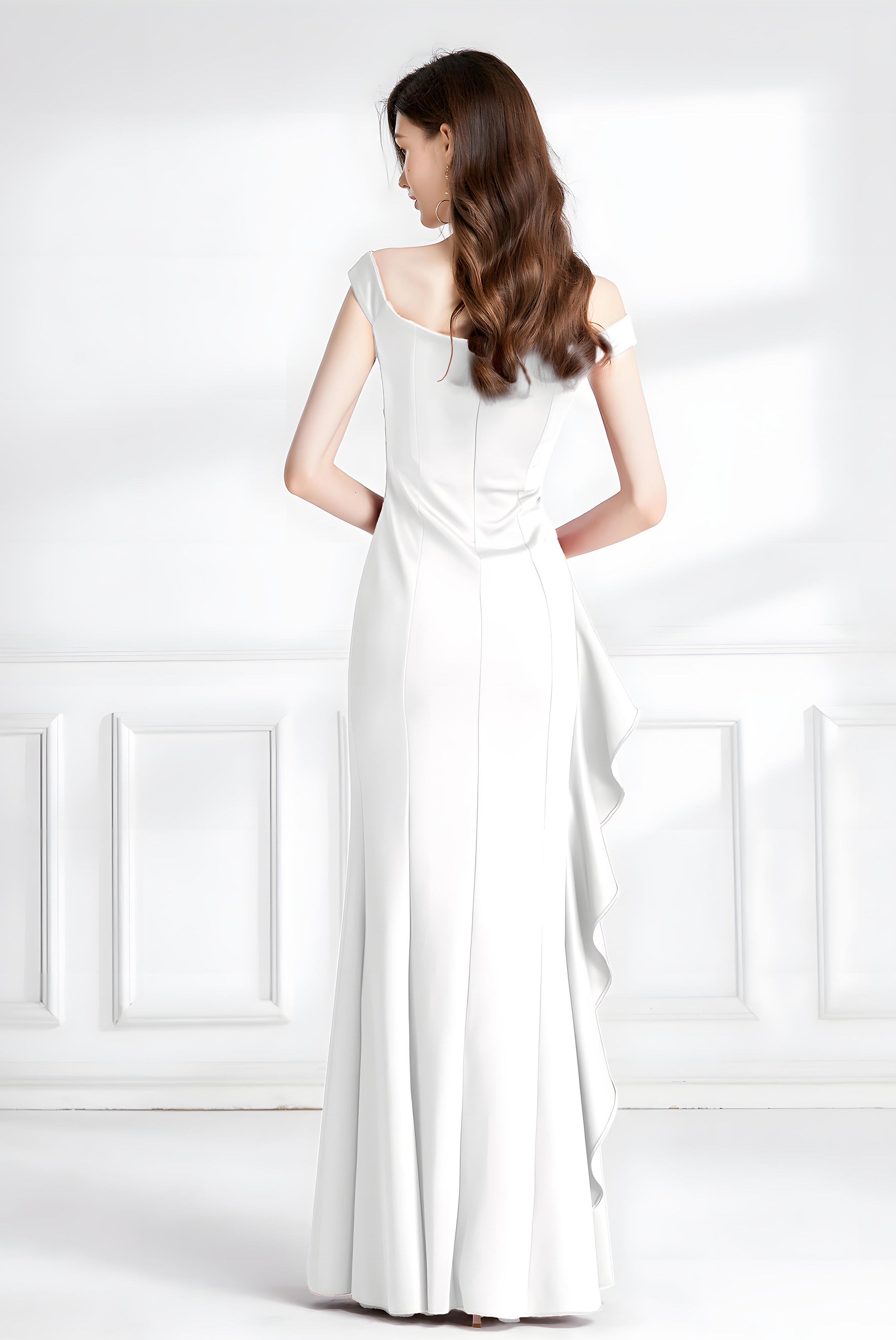 White Satin Off-Shoulder Gown with Draped Bow and Asymmetrical Ruffle - 745924698095_WHI