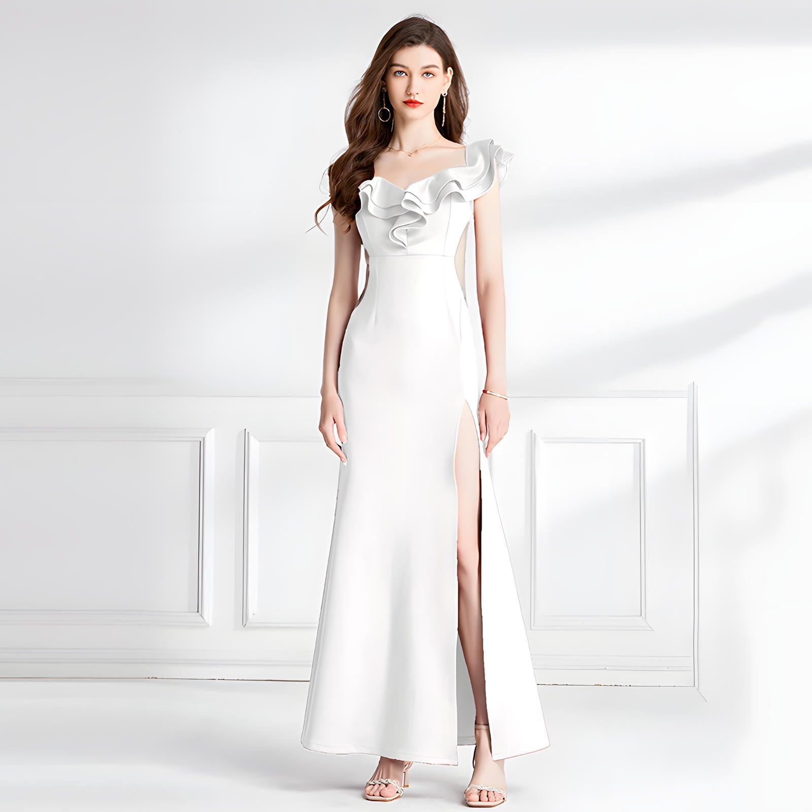 Fishtail Off-Shoulder White Party Gown with Sheer Tulle Waist and Thigh-High Slit - 745923202127_WHI