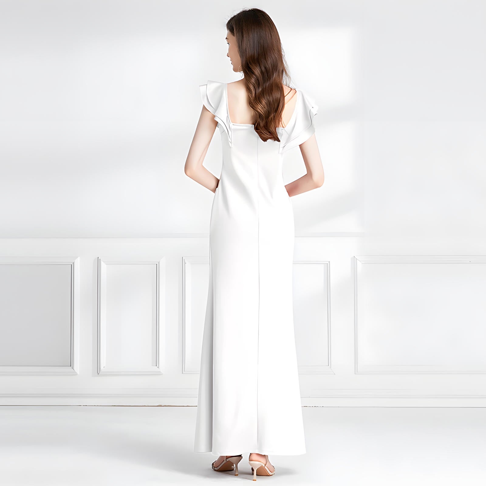 Fishtail Off-Shoulder White Party Gown with Sheer Tulle Waist and Thigh-High Slit - 745923202127_WHI