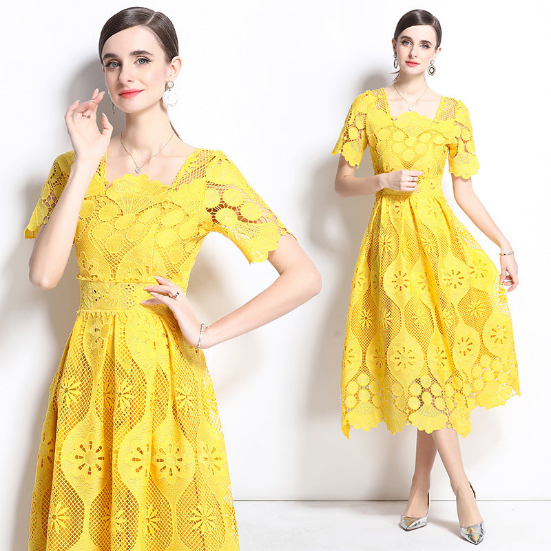 Vibrant Yellow Lace Midi Dress