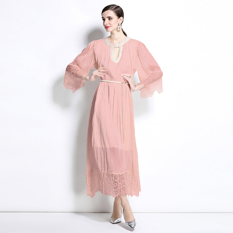 Elegant Blush Pink Lace-Trimmed Maxi Dress