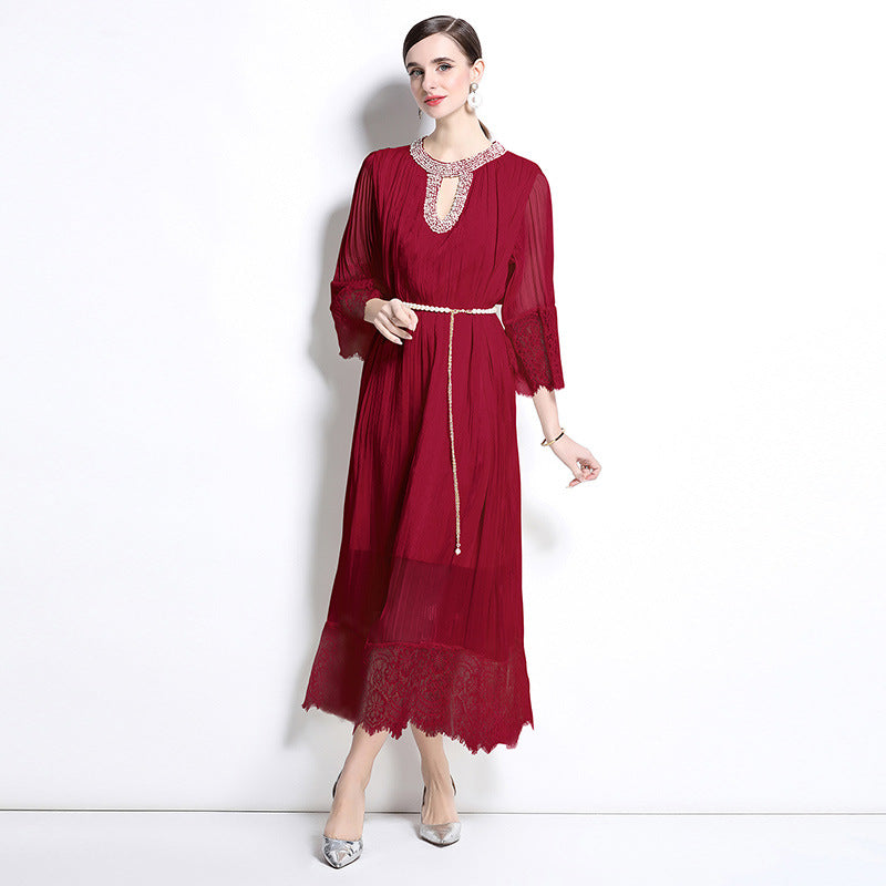 Elegant Wine Red Lace Maxi Dress