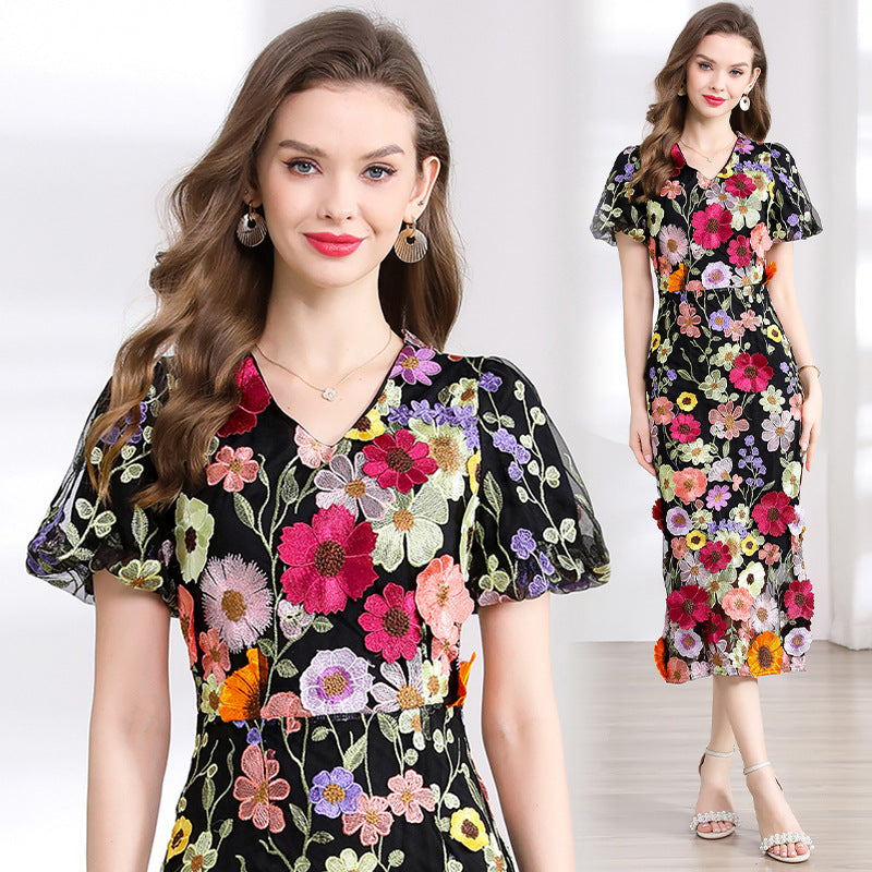 Floral Embroidered Mesh Dress