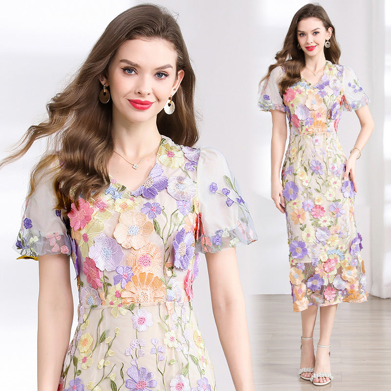 Elegant Floral Embroidered Mesh Midi Dress