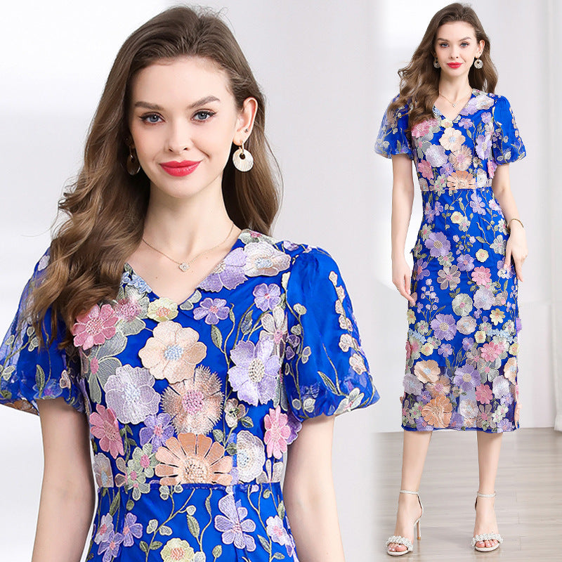 Elegant Floral Embroidered Midi Dress