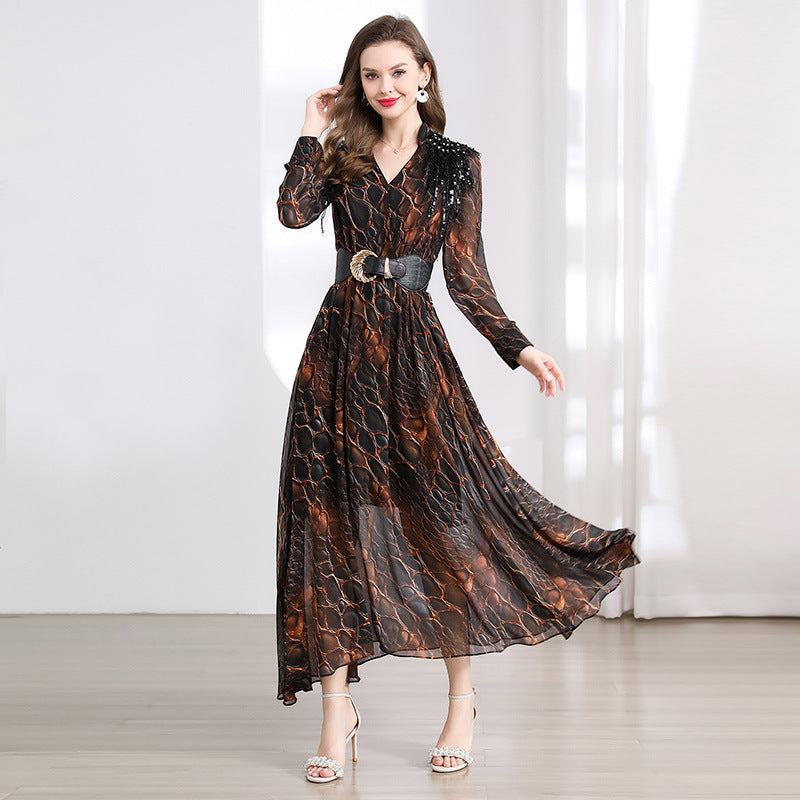 Elegant Serpentine Sheer Maxi Dress - 901487024172_BROWN