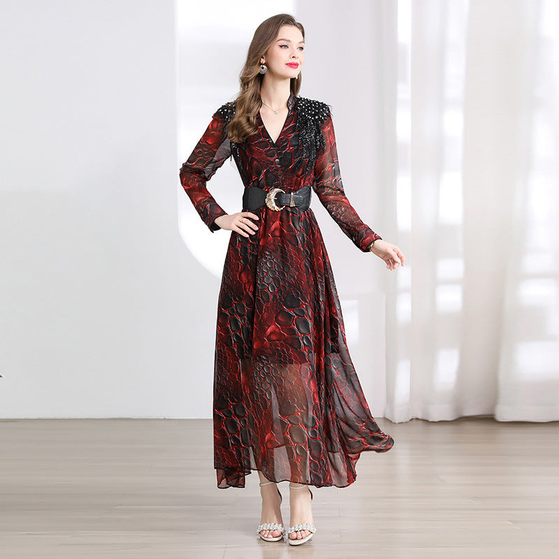 Fiery Serpentine Sheer Maxi Dress - 901487024172_CLARET