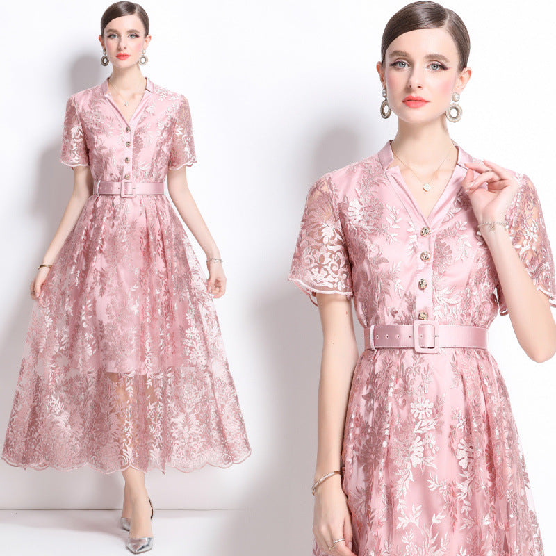 Aurora Bloom Embroidered Tea-Length Dress