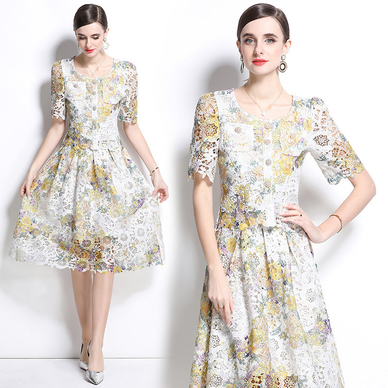 Vintage Floral Lace Midi Two Piece Dress