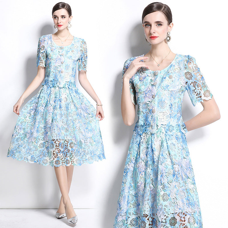 Sky Blue Lace Midi Two Piece Dress
