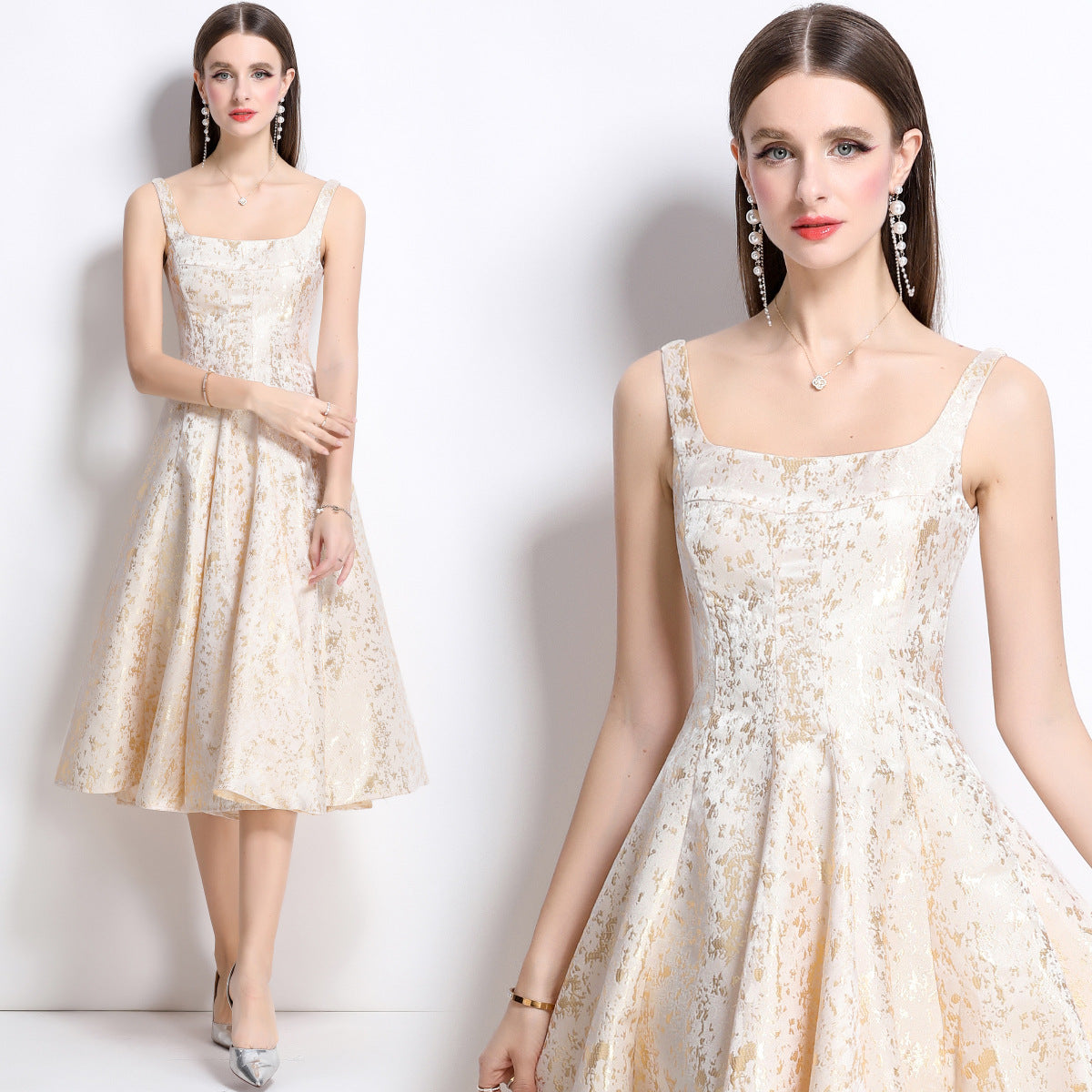 Elegant Gold Jacquard Midi Dress