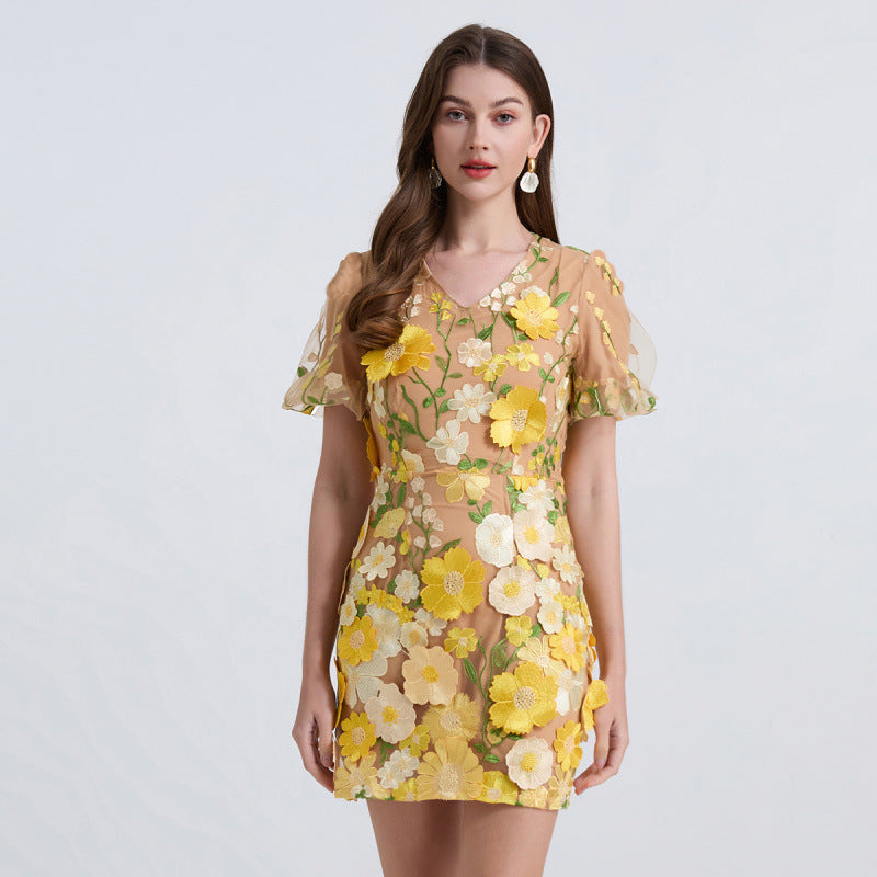 Golden Bloom Floral Embroidered Mini Dress