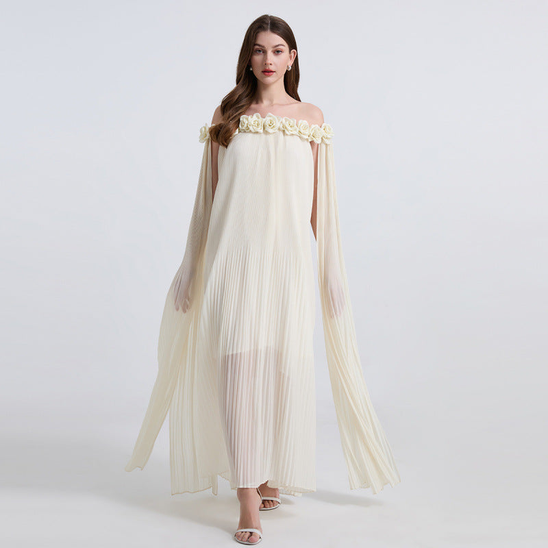 Ivory Floral Off-Shoulder Pleated Gown