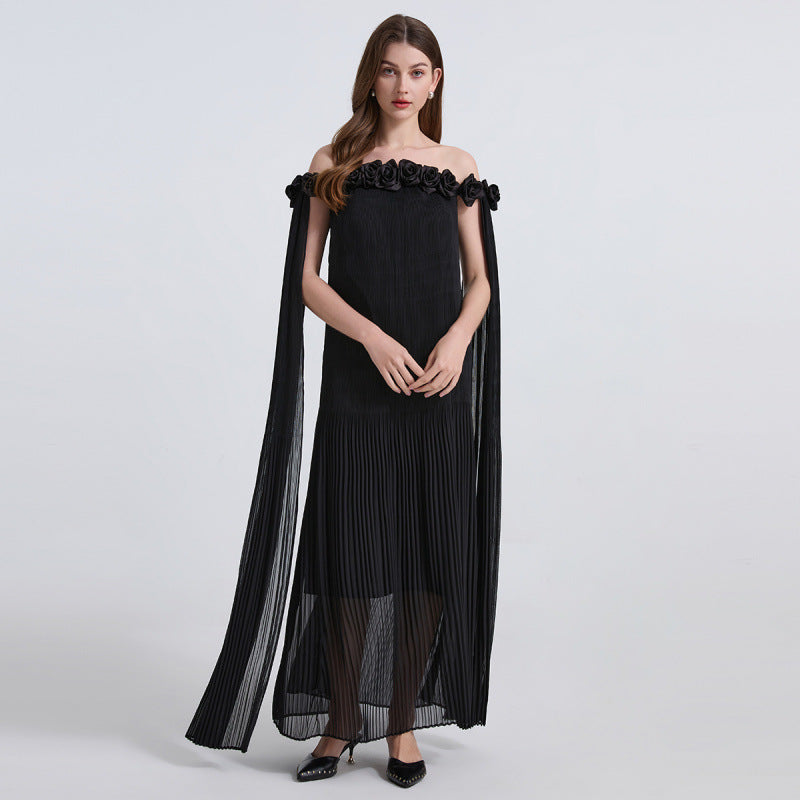 Black Floral Off-Shoulder Pleated Gown