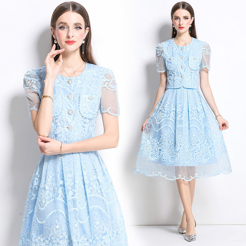 Elegant Lace Vintage Two Piece Midi Dress – Sky Blue