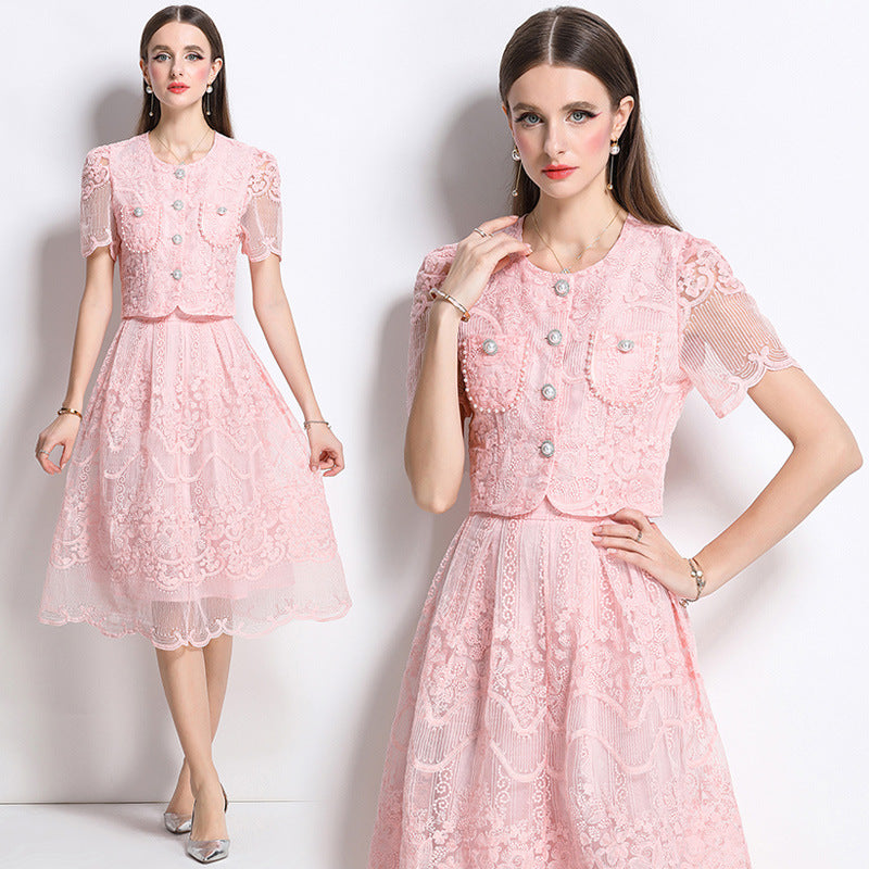 Elegant Lace Vintage Two Piece Midi Dress – Blush Pink