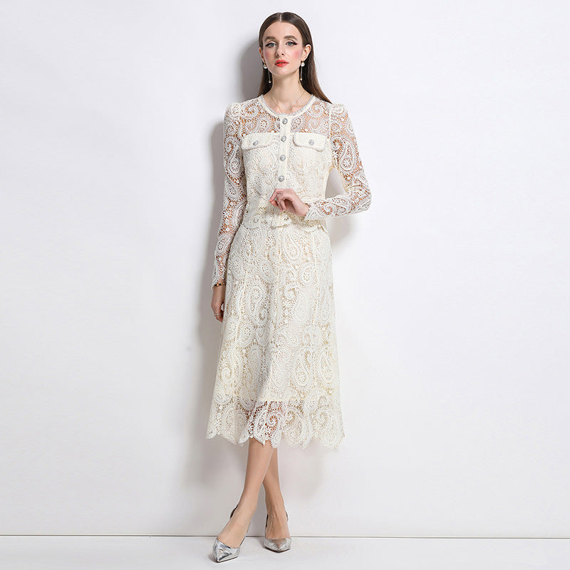 Elegant Long-Sleeve Lace Midi Dress – Ivory White