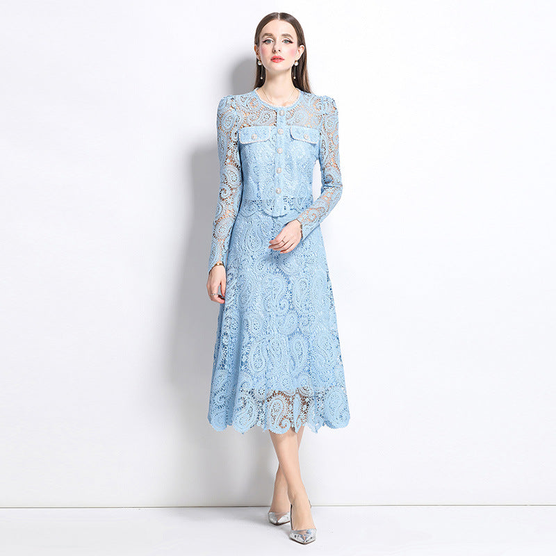 Elegant Long-Sleeve Lace Midi Dress – Sky Blue