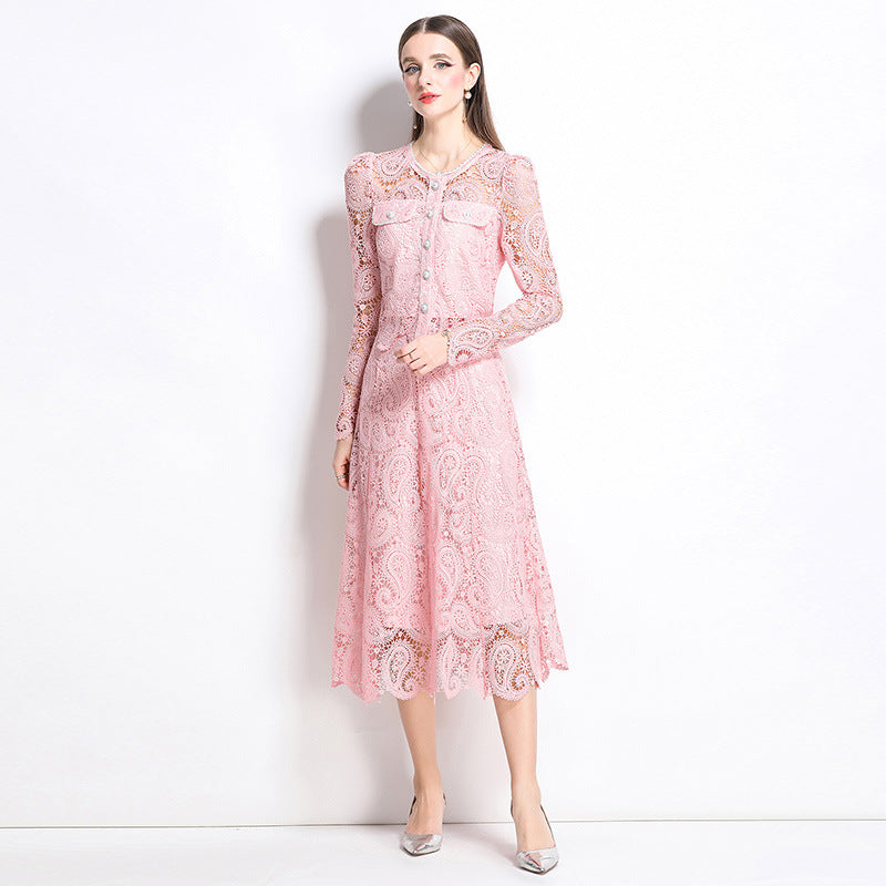 Elegant Long-Sleeve Lace Midi Dress – Blush Pink