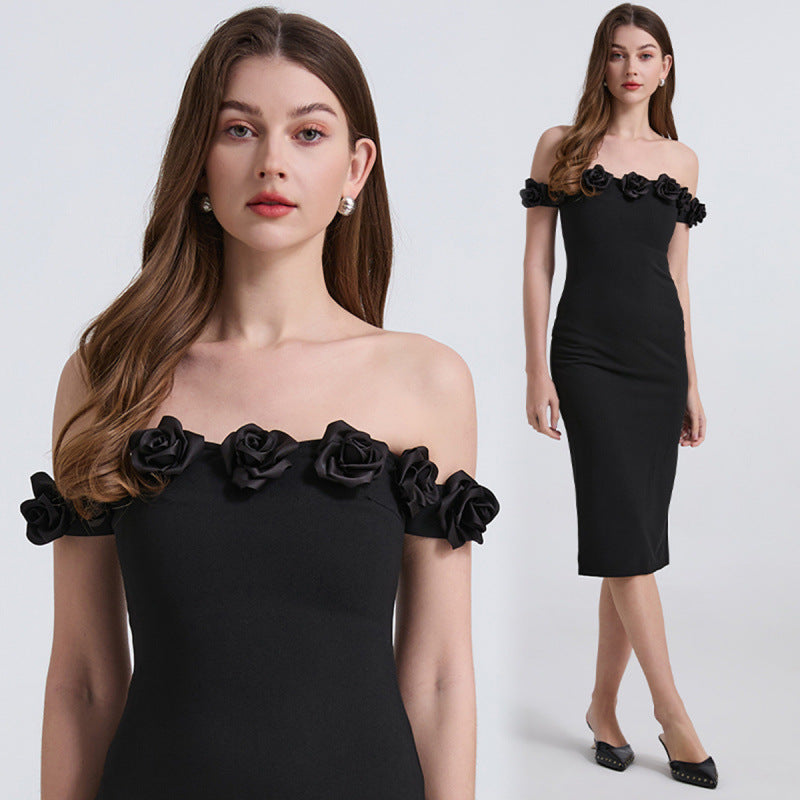 Black Off-Shoulder Rose Embellished Bodycon Dress