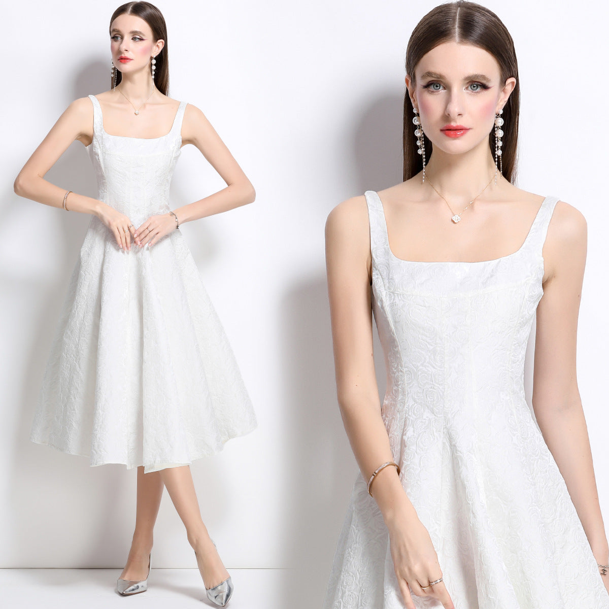 Elegant White Jacquard Midi Dress