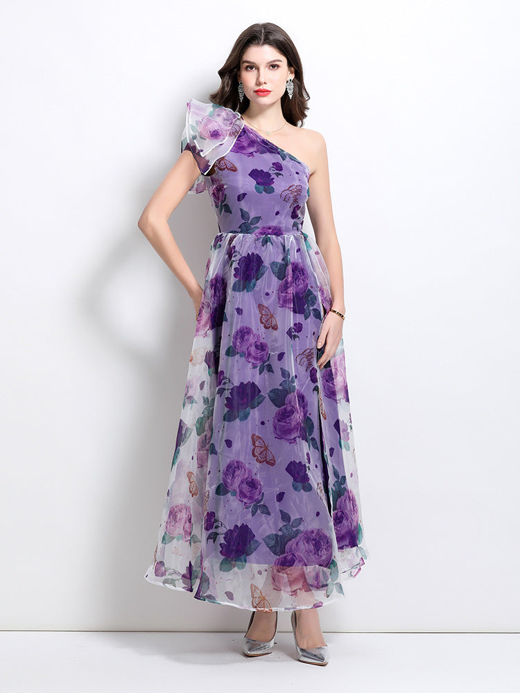 Purple Floral One-Shoulder Maxi Dress