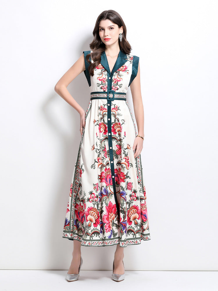 Elegant Floral Print Belted Shirt Dress