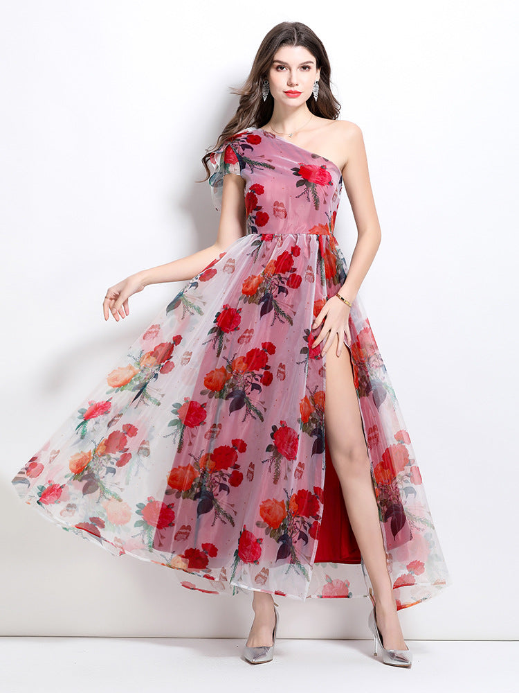 One-Shoulder Floral Slit Maxi Dress